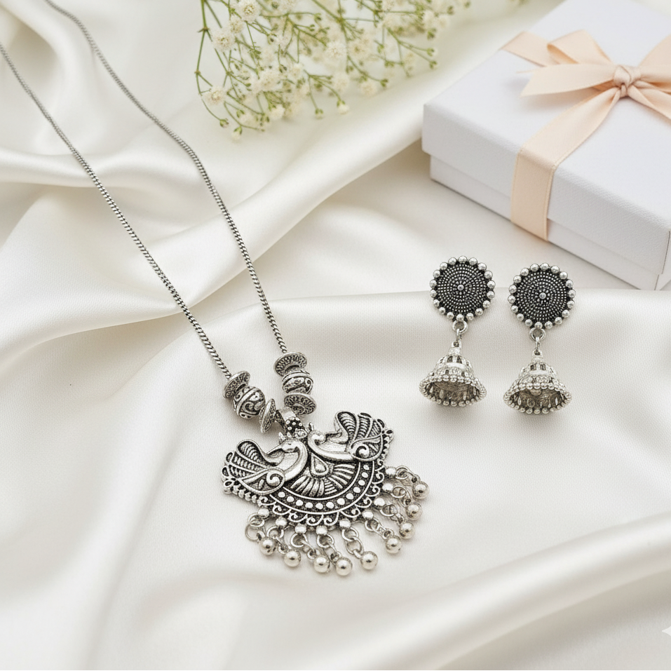 Oxidized Silver Double Peacock Necklace Set | Jhumka Earrings Ghungroo