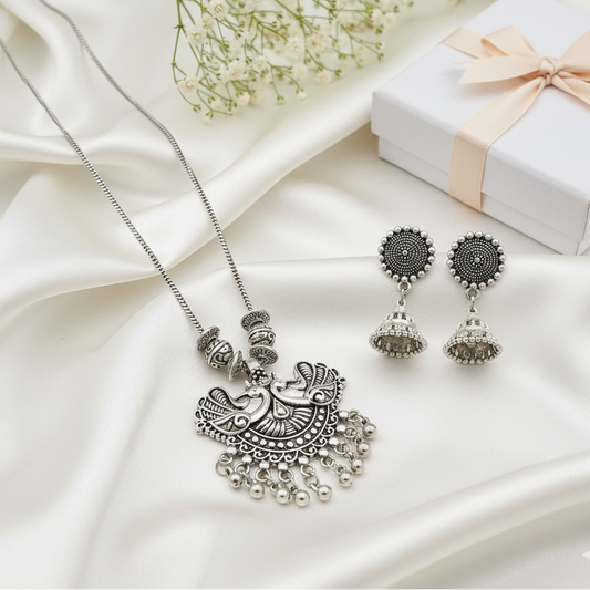 Oxidized Silver Double Peacock Necklace Set | Jhumka Earrings Ghungroo