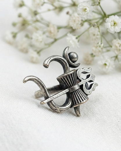 Divine Shiva Trishul & Damru Adjustable Ring – Oxidized Silver Spiritual Statement Jewelry