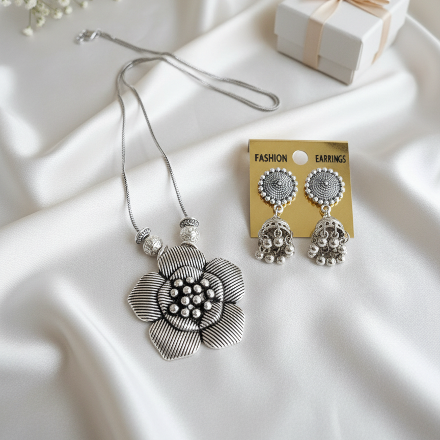 Oxidized Silver Bold Flower Necklace Set | Ribbed Petal & Jhumka Drops