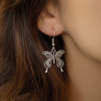 Delicate Oxidized Silver Butterfly Dangler Earrings