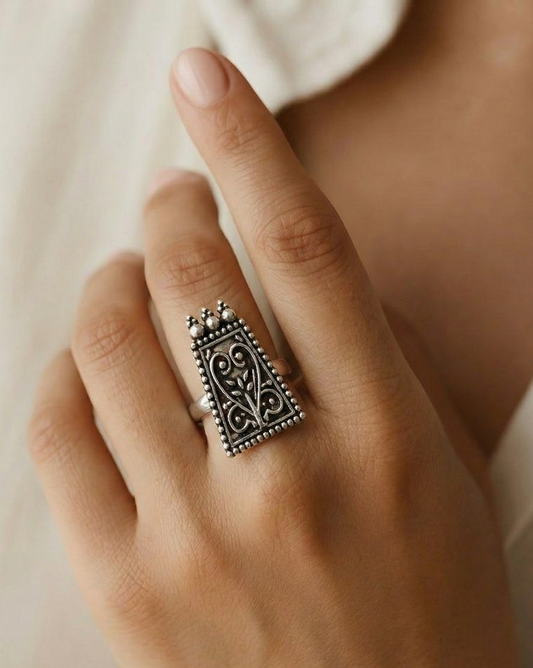 Elegant Floral Art Silver Adjustable Ring | Boho Ethnic Statement Ring for Women