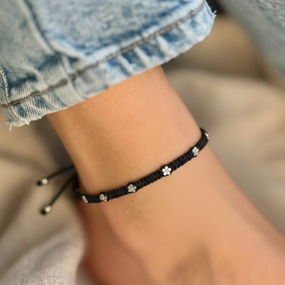 Adjustable Flower Beads Thread Silver Anklet