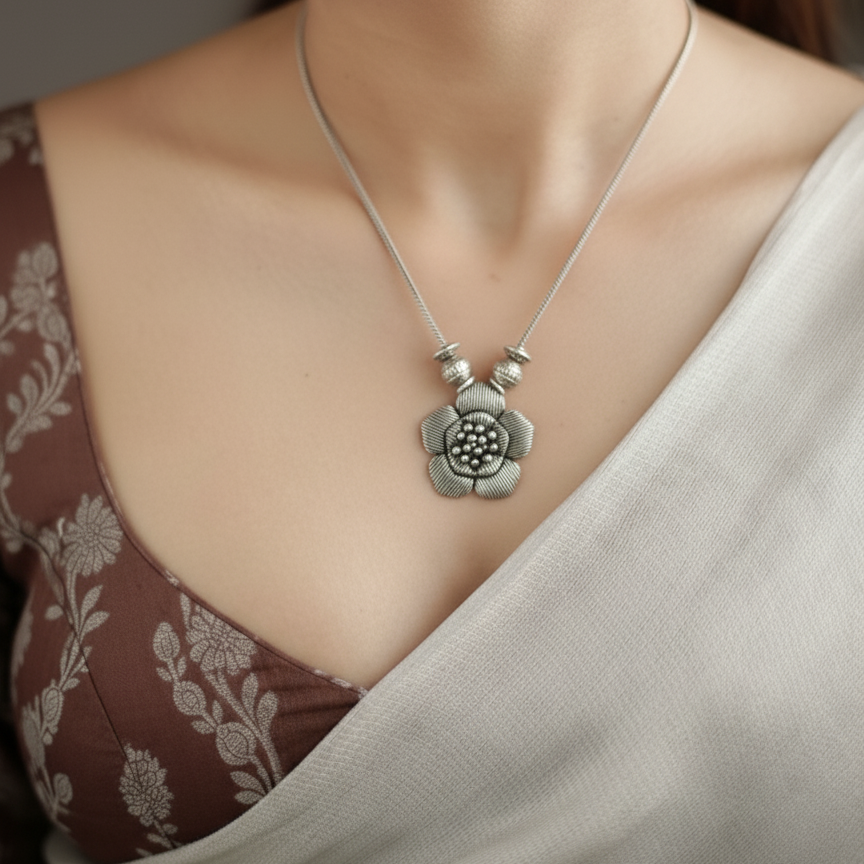 Oxidized Silver Bold Flower Necklace Set | Ribbed Petal & Jhumka Drops