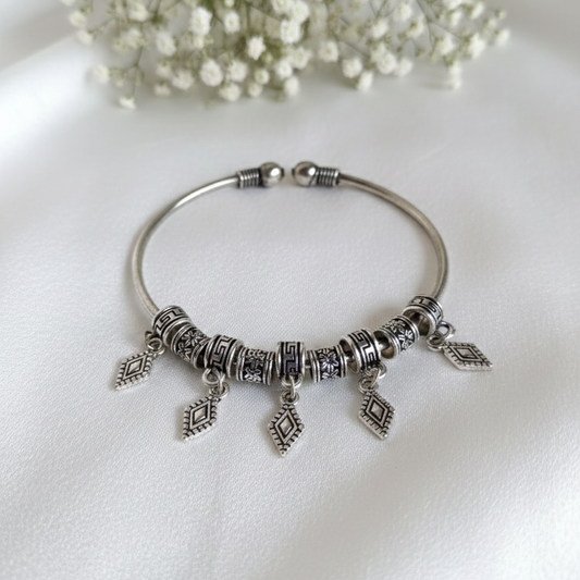 Vintage Tribal Silver Adjustable Cuff Bracelet with Geometric Charms - Boho Ethnic Kada for Women