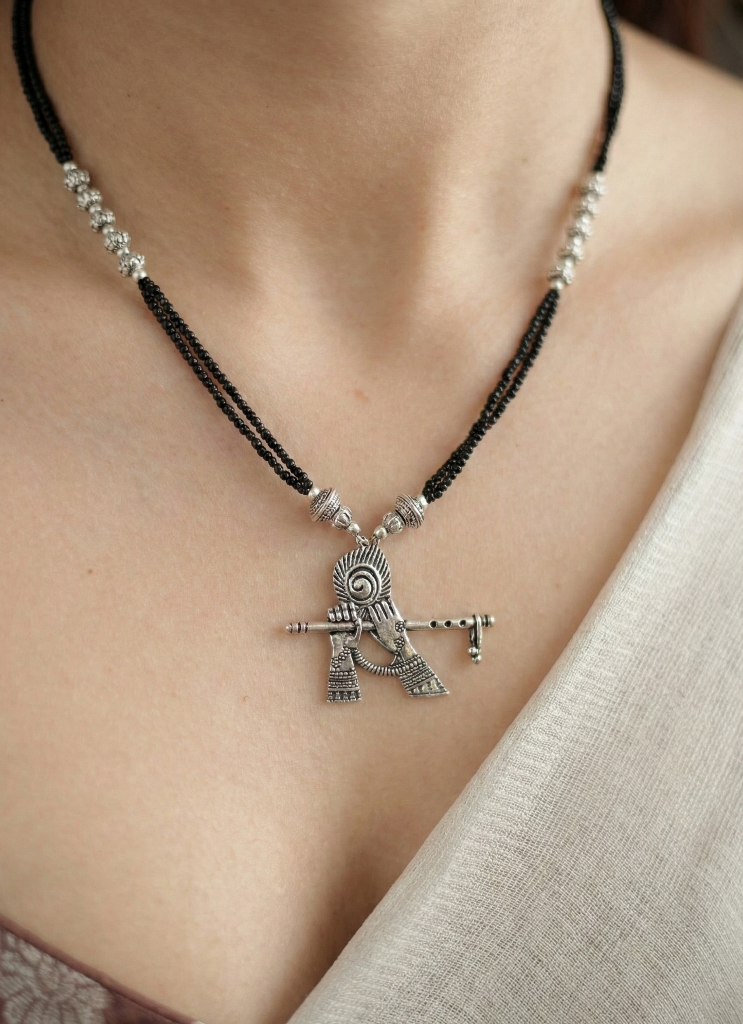 Oxidised Silver Krishna Bansuri Pendant Necklace with Black Beaded Chain | Ethnic Jewelry for Women