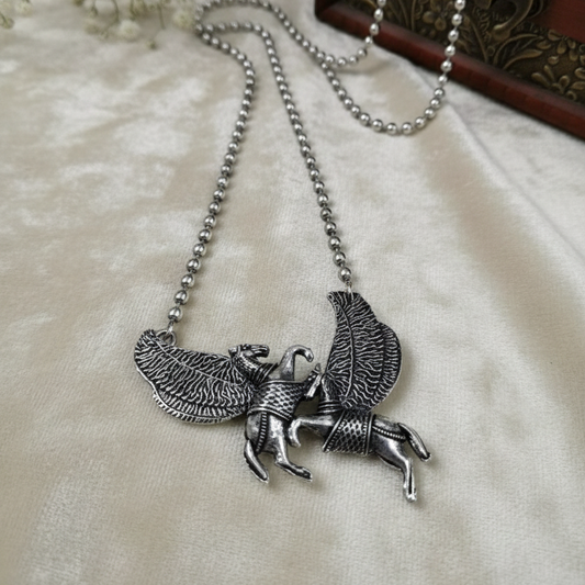 Mythical Pegasus Oxidized Silver Necklace – Adjustable Twin Winged Horse Pendant for Women