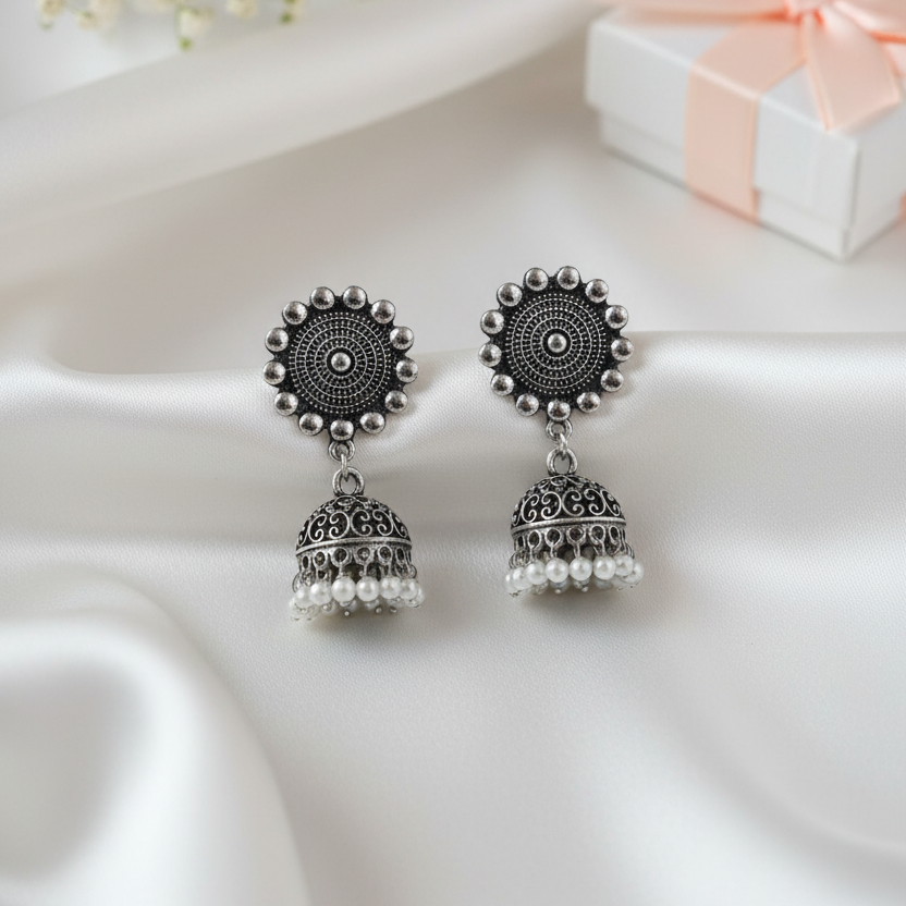 Boho Oxidized Silver Jhumka with Pearl Drop Earrings | Intricate Pearl Beaded Indian Drop Jewellry