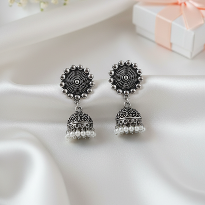 Boho Oxidized Silver Jhumka with Pearl Drop Earrings | Intricate Pearl Beaded Indian Drop Jewellry