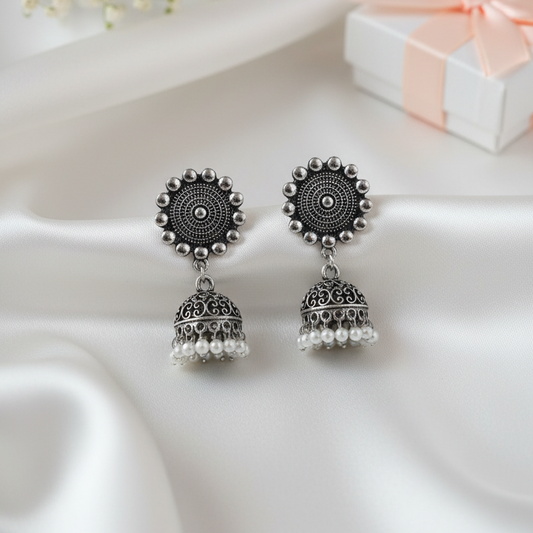Boho Oxidized Silver Jhumka with Pearl Drop Earrings | Intricate Pearl Beaded Indian Drop Jewellry