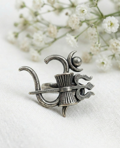 Divine Shiva Trishul & Damru Adjustable Ring – Oxidized Silver Spiritual Statement Jewelry