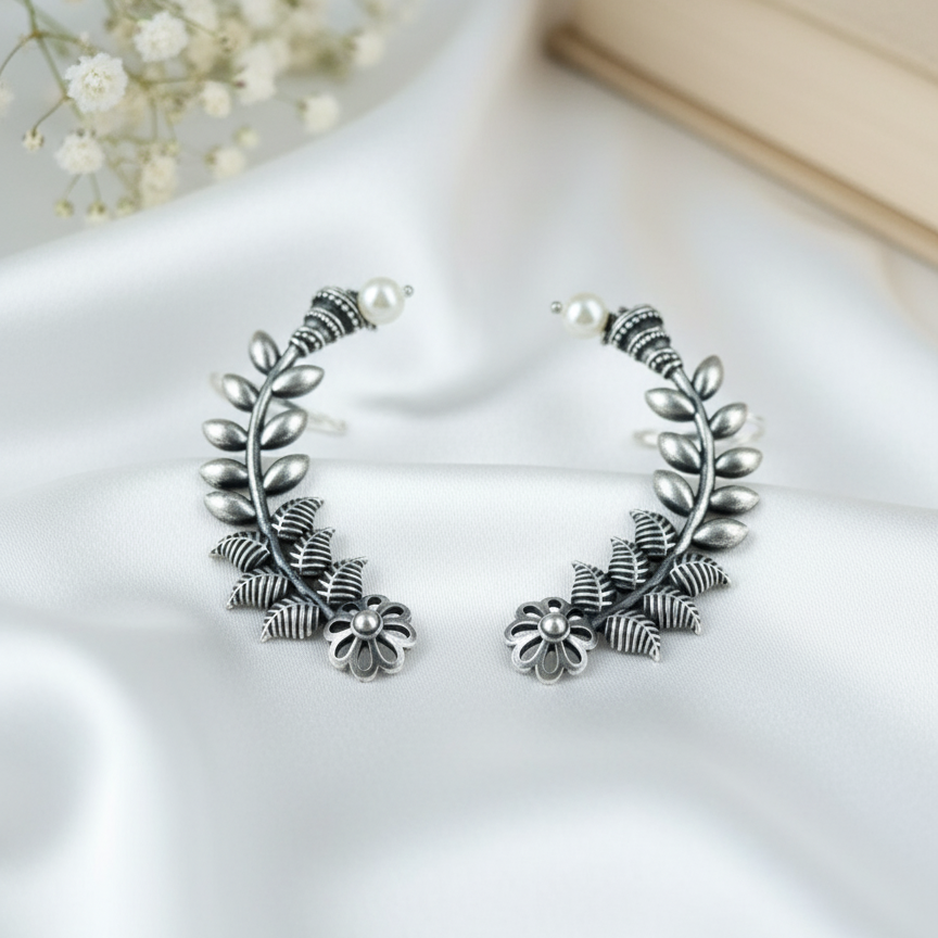 Oxidized Silver Botanical Ear Cuff | Statement Leaf Ear Climber with Pearl