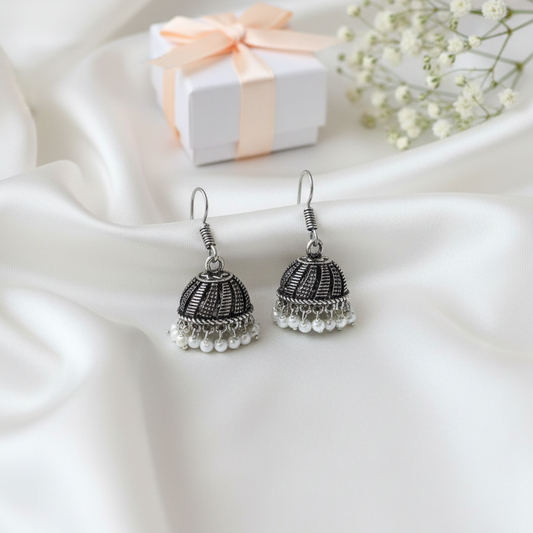 Oxidized Silver Mini Jhumka Earrings with Pearls