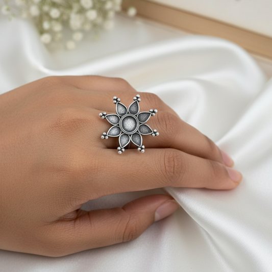 Oxidized Silver Flower Statement Ring - Adjustable