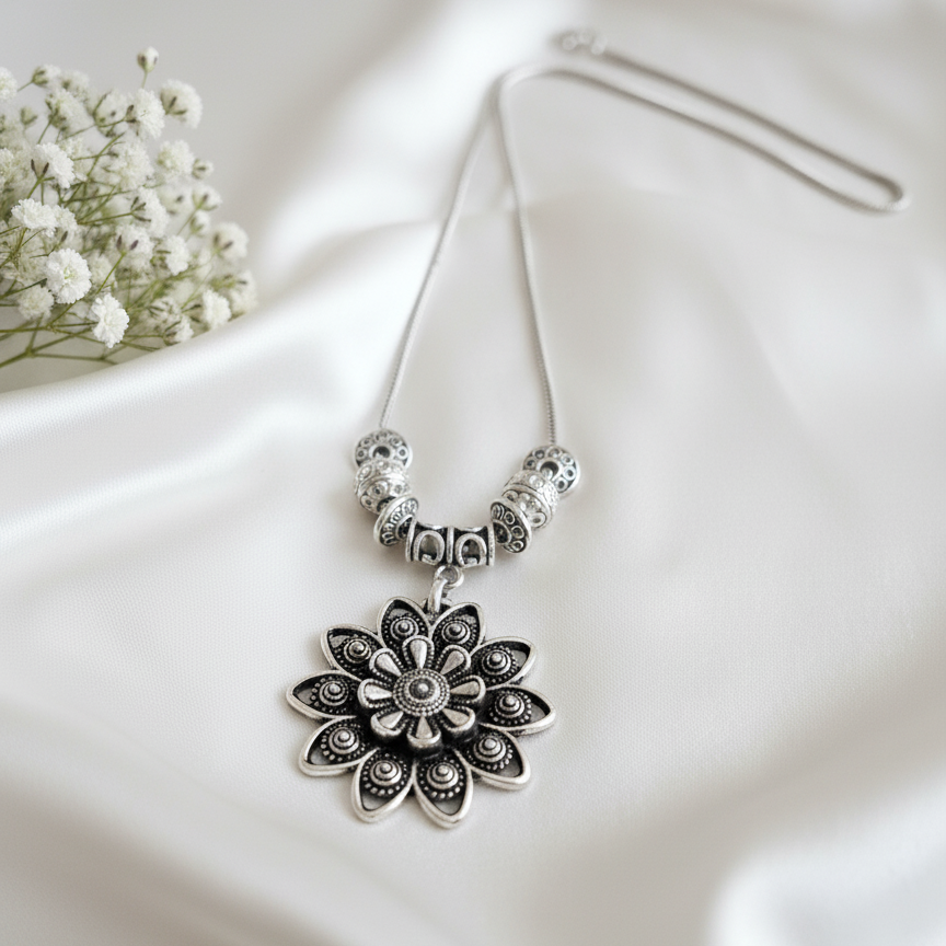 Silver Flower Mandala Necklace Set | Jhumka Earrings Dangler