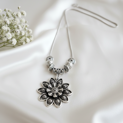 Silver Flower Mandala Necklace Set | Jhumka Earrings Dangler