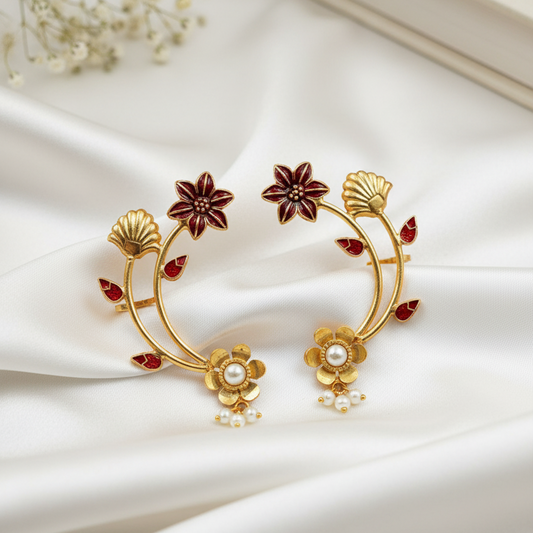 Grand Gold Toned Floral Ear Cuffs (Pair) with Pearl Accents