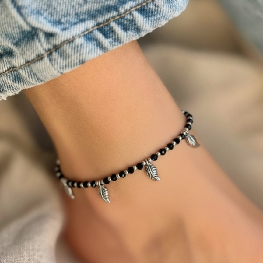 Black Crystal Beaded Adjustable Anklets (Pair) with Silver-Tone Leaf Charms