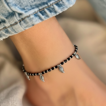 Black Crystal Beaded Adjustable Anklets (Pair) with Silver-Tone Leaf Charms