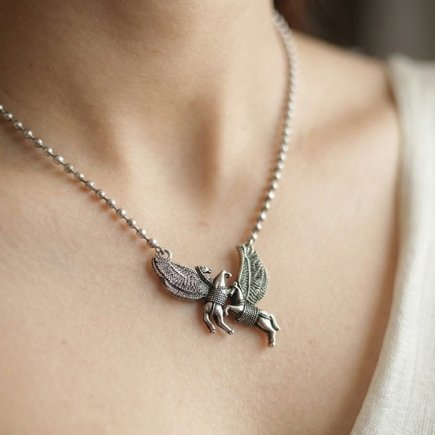 Mythical Pegasus Oxidized Silver Necklace – Adjustable Twin Winged Horse Pendant for Women