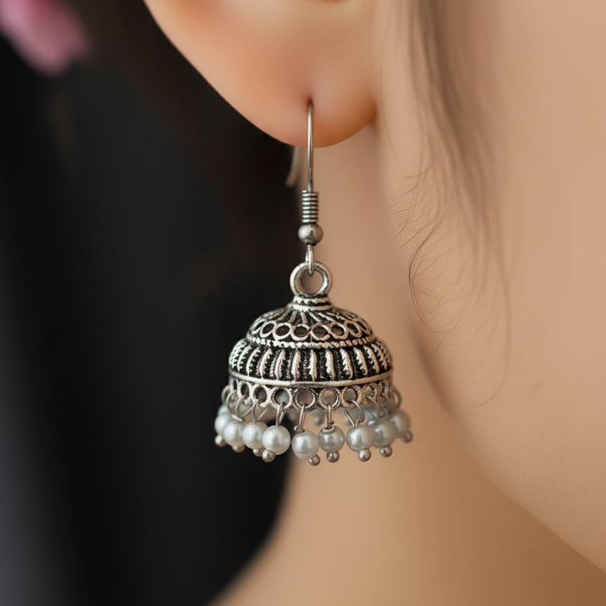 Classic Oxidised Silver Jhumka Earrings with Pearl Drop
