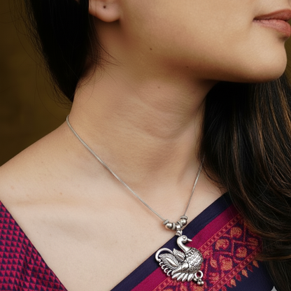 Oxidized Silver Peacock Pendant Necklace & Jhumka Earring Set