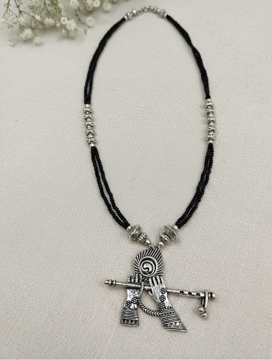 Oxidised Silver Krishna Bansuri Pendant Necklace with Black Beaded Chain | Ethnic Jewelry for Women