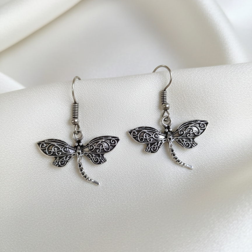 Oxidized Silver Dragonfly Drop Earrings | Boho Filigree Insect Jewelry