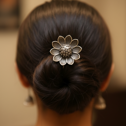 Silver Flower Juda Pin | Statement Lotus Bun Hair Accessory