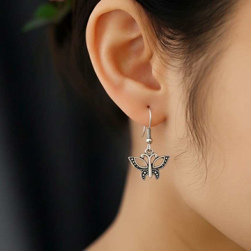 Vintage Oxidized Silver Butterfly Drop Earrings