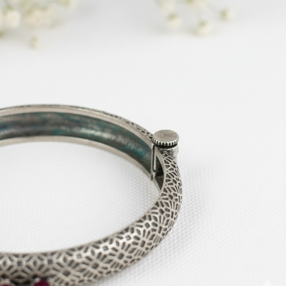 Oxidized Silver Tribal Bangle with Ruby-Red Stones & Pearl Droplets – Handcrafted Ethnic Kada