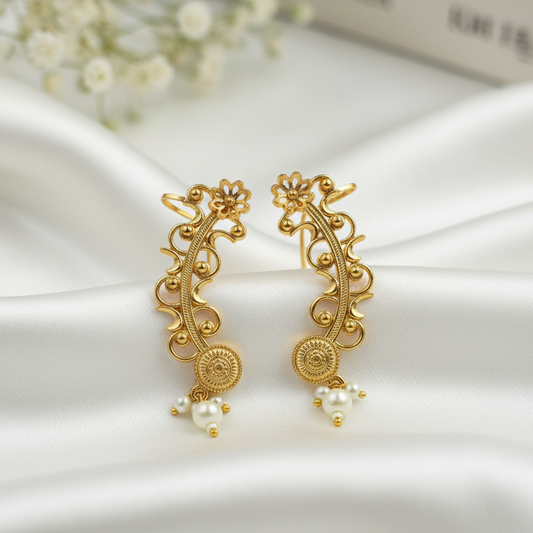 Gold Plated Floral Ear Cuff with Pearl Drops | Statement Ear Climber