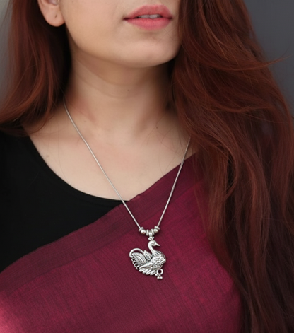 Oxidized Silver Peacock Pendant Necklace & Jhumka Earring Set