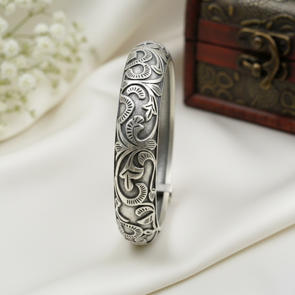Oxidized Openable Floral Art Bangle | Ethnic Etched Bangle Kada