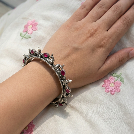 Oxidized Silver Finish Teardrop Ruby Stone Bangle | Free Size Bracelet