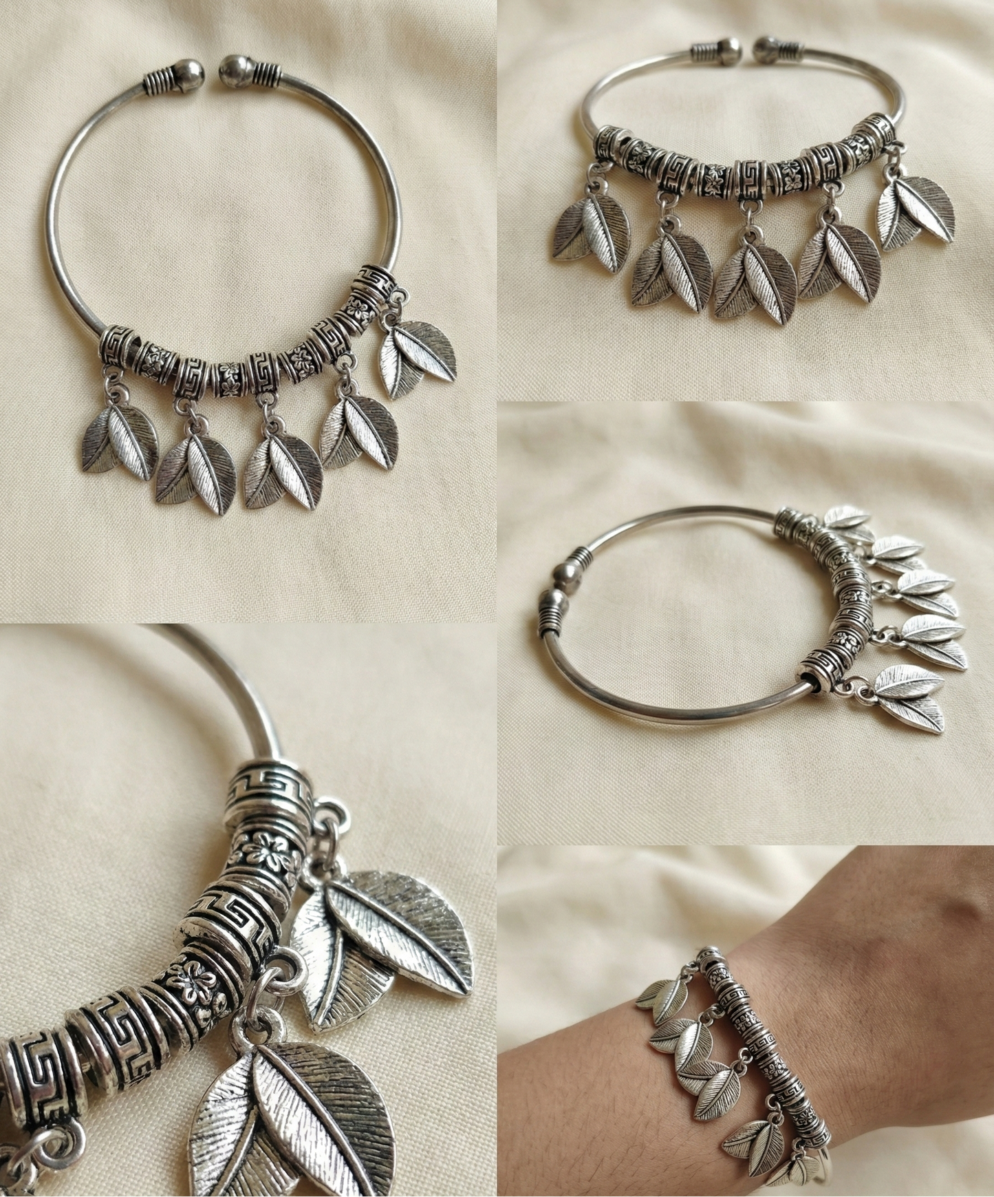 Oxidized Silver Leaf Charm Cuff Bracelet - Adjustable