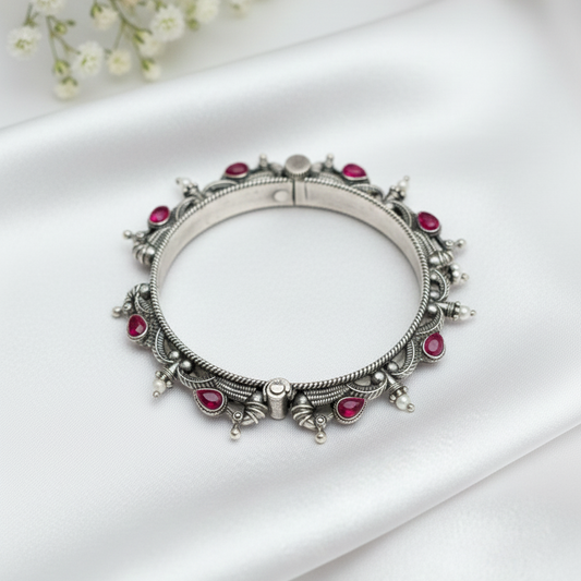 Oxidized Silver Finish Teardrop Ruby Stone Bangle | Free Size Bracelet