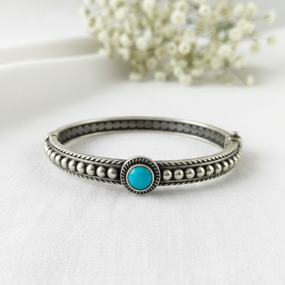 Silver Handcrafted Turquoise Bangle – Adjustable Antique Silver Finish Bracelet