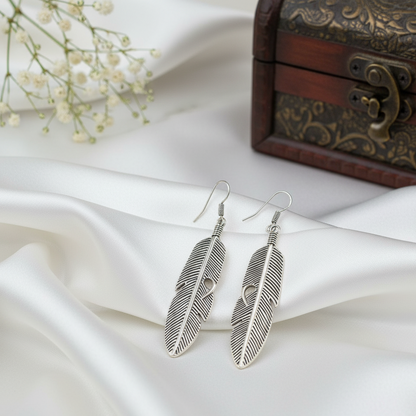 Oxidized Silver Feather Earrings | Long Boho Dangle Jewellry