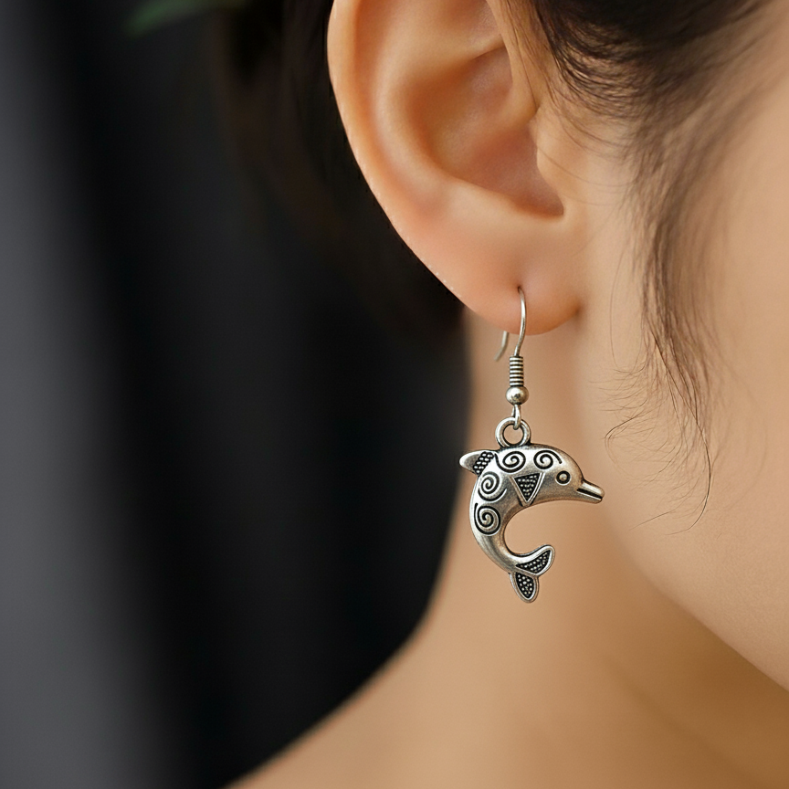 Playful Oxidized Silver Dolphin Dangle Earrings