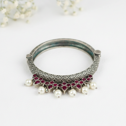 Oxidized Silver Tribal Bangle with Ruby-Red Stones & Pearl Droplets – Handcrafted Ethnic Kada