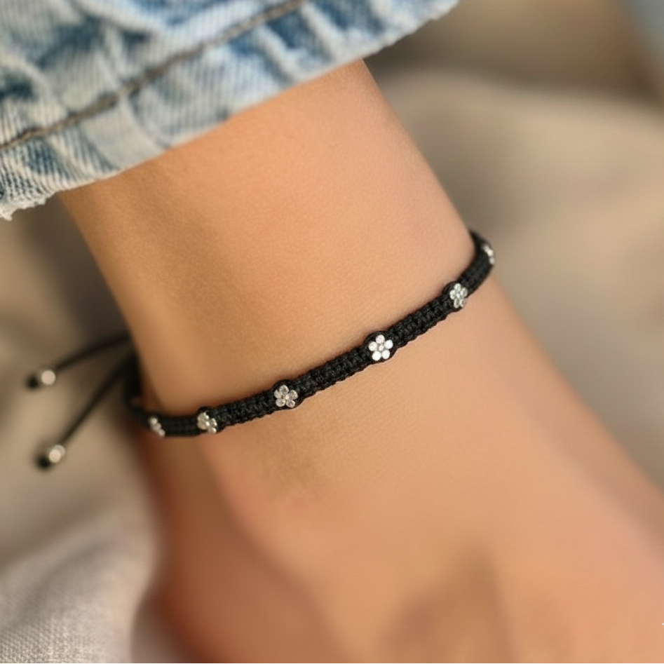 Adjustable Flower Beads Thread Silver Anklet