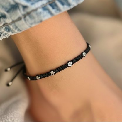 Adjustable Flower Beads Thread Silver Anklet