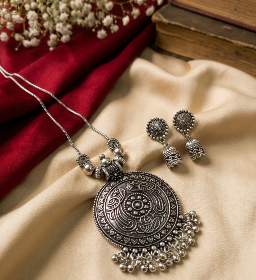 Oxidized Silver Mandala Necklace Set | Ghungroo Drop Jhumka Earrings