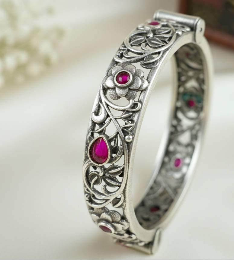 Oxidized Silver Finish Floral Filigree Bangle Bracelet with Ruby Pink Stone Accents