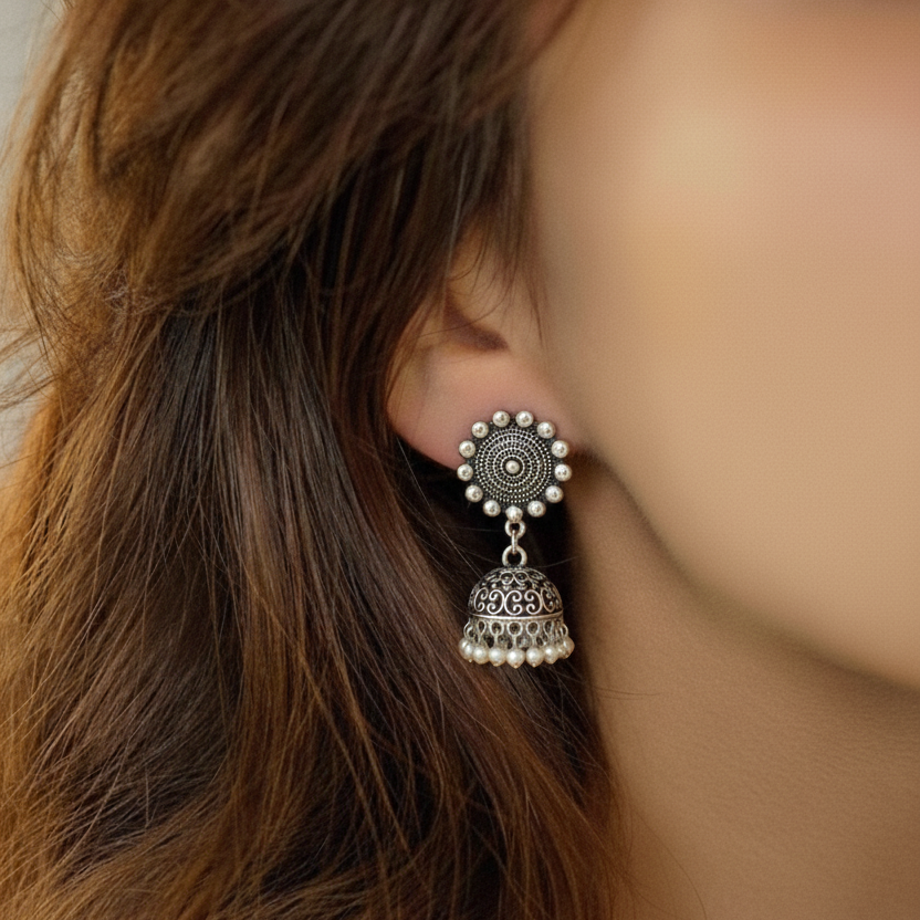 Boho Oxidized Silver Jhumka with Pearl Drop Earrings | Intricate Pearl Beaded Indian Drop Jewellry