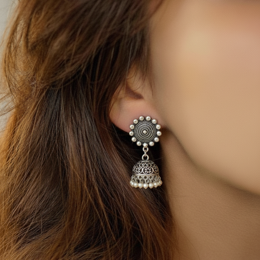 Boho Oxidized Silver Jhumka with Pearl Drop Earrings | Intricate Pearl Beaded Indian Drop Jewellry