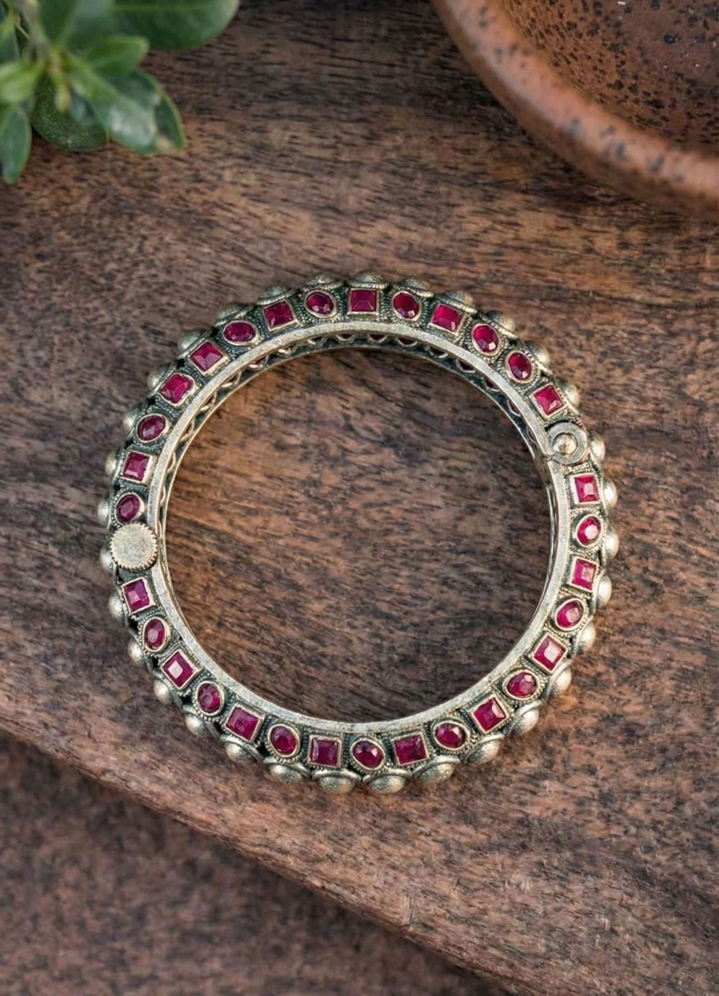 Royal Antique Silver Kada Bangle – Handcrafted Ruby-Pink Stone Embellished Ethnic Bracelet for Women