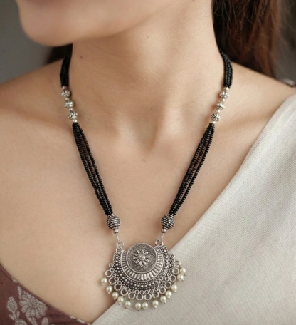 Oxidized Silver Black Bead Necklace | Tribal Crescent Pendant Jewelry