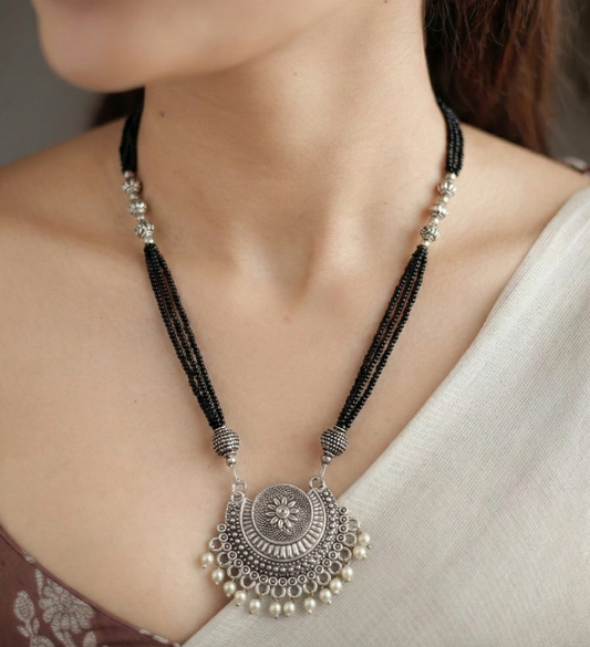 Oxidized Silver Black Bead Necklace | Tribal Crescent Pendant Jewelry